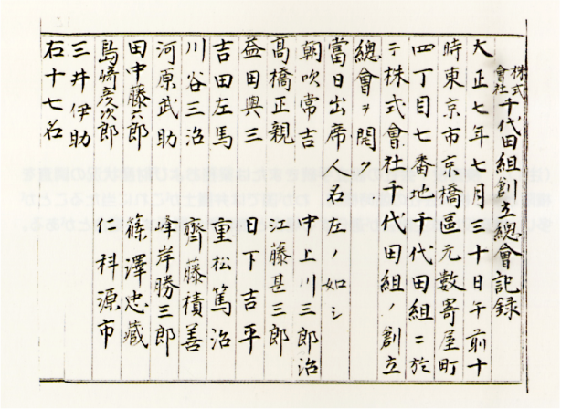 1918（大正7）年に開かれた千代田組株主総会の記録。
